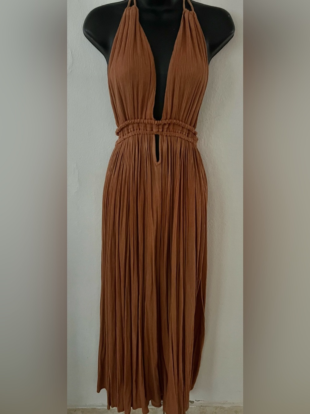 Free People Rust Brown Halter Pleated Maxi Dress